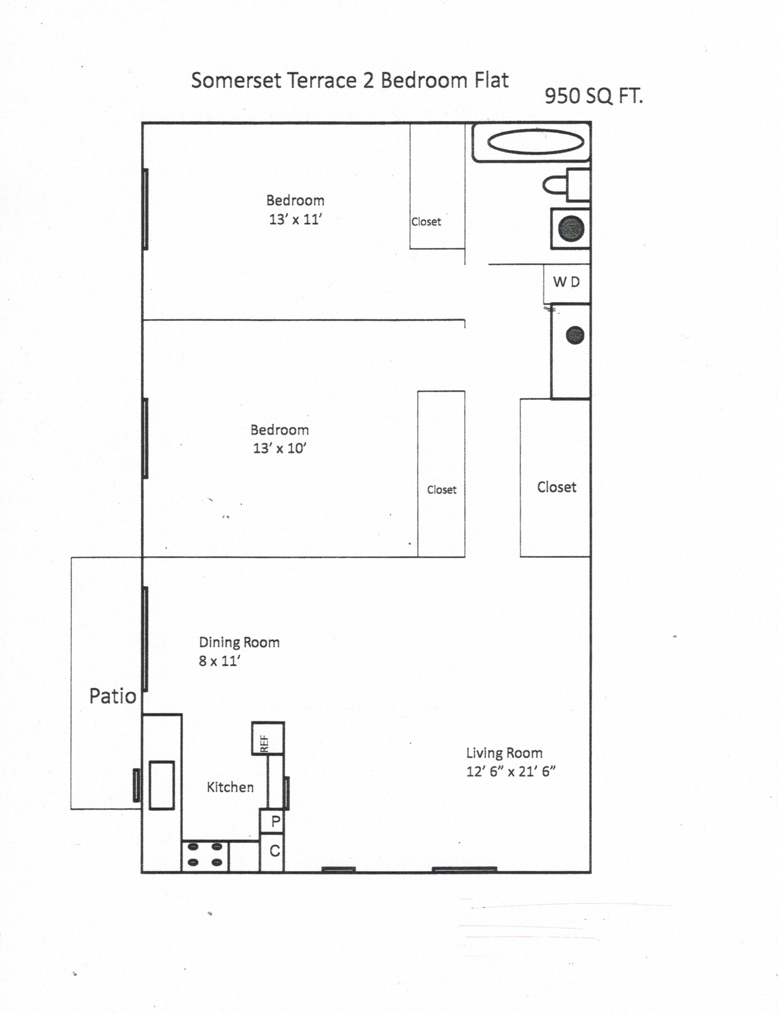 Floor plan for 2 beds, 1 bath, 950 sqft
